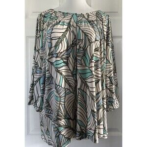 Susan Graver Printed Liquid Stretch Knit Smocked Neck Tunic Top Plus Size 2X